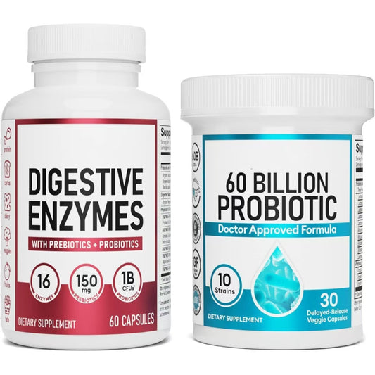 Advanced Gut Health Bundle: 60 Billion Probiotics 30ct + Digestive Enzymes 60ct for Digestive