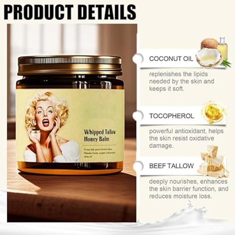 Whipped Beef Tallow and Honey Balm,Grass Fed Grass Finished Face Cream