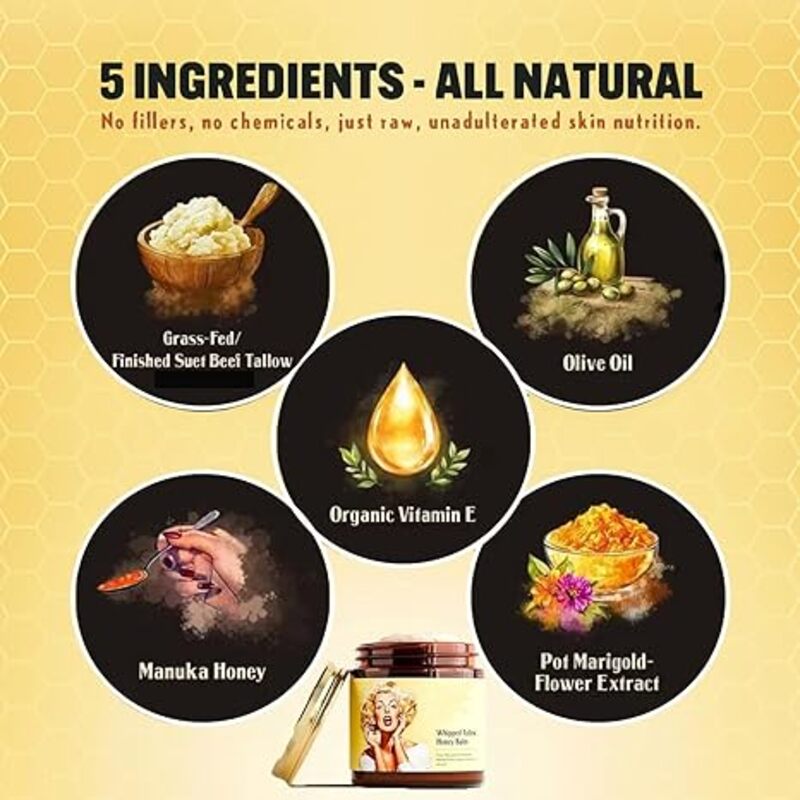 Whipped Beef Tallow and Honey Balm,Grass Fed Grass Finished Face Cream